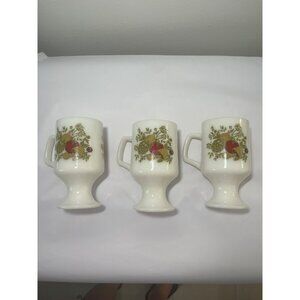 3 Vintage CORNING Footed White Milk Glass 10oz Pedestal Mugs SPICE OF LIFE 5½"